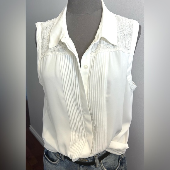 Karl Lagerfeld White Button Up Lace Detail Ruffle Blouse Top - Picture 2 of 15